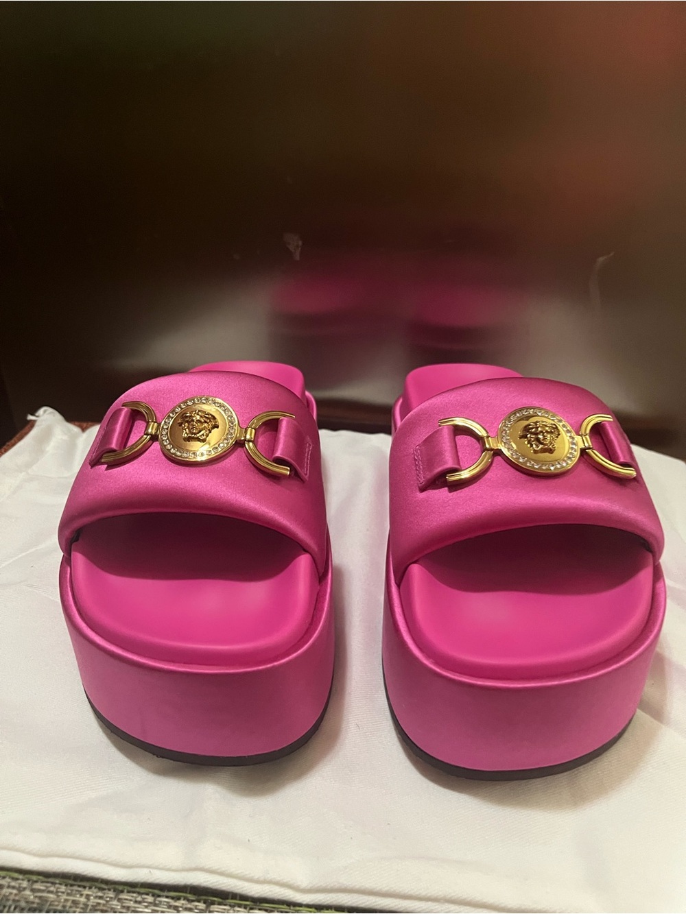Versace Hot Pink Medusa Slide Sandals with Gold Emblem - Picture 7 of 10